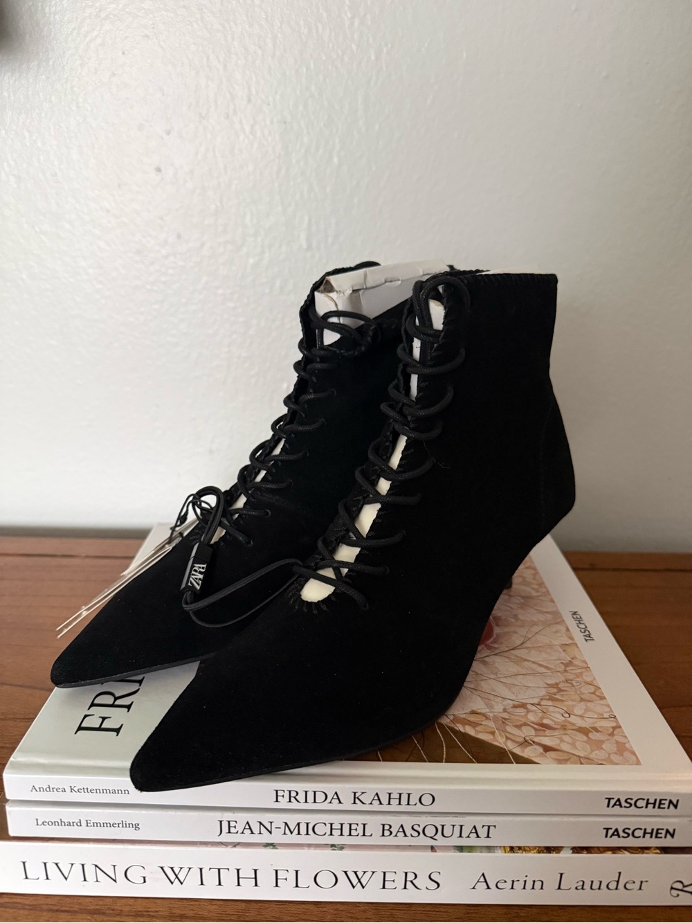 F&F Black Lace-Up Pointed Ankle Boots